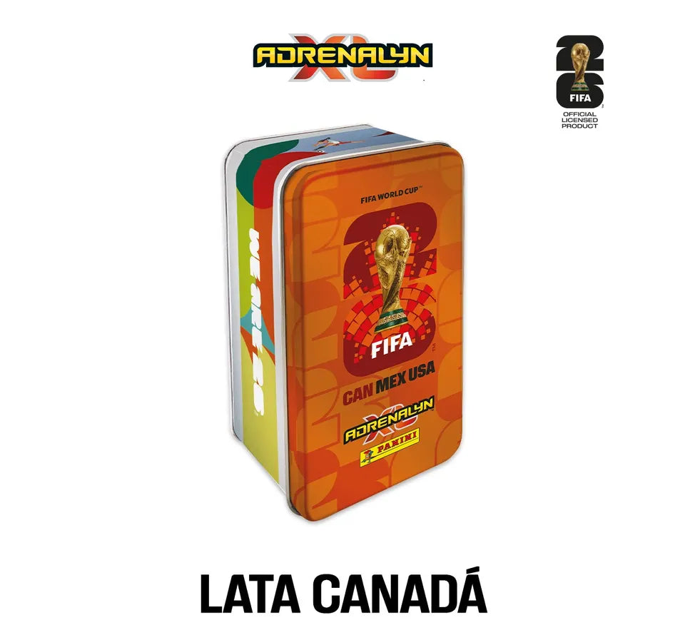 Lata Classic Tin FIFA World Cup 2026 Adrenalyn XL cor laranja edição Canadá com logo oficial e troféu da Copa do Mundo.