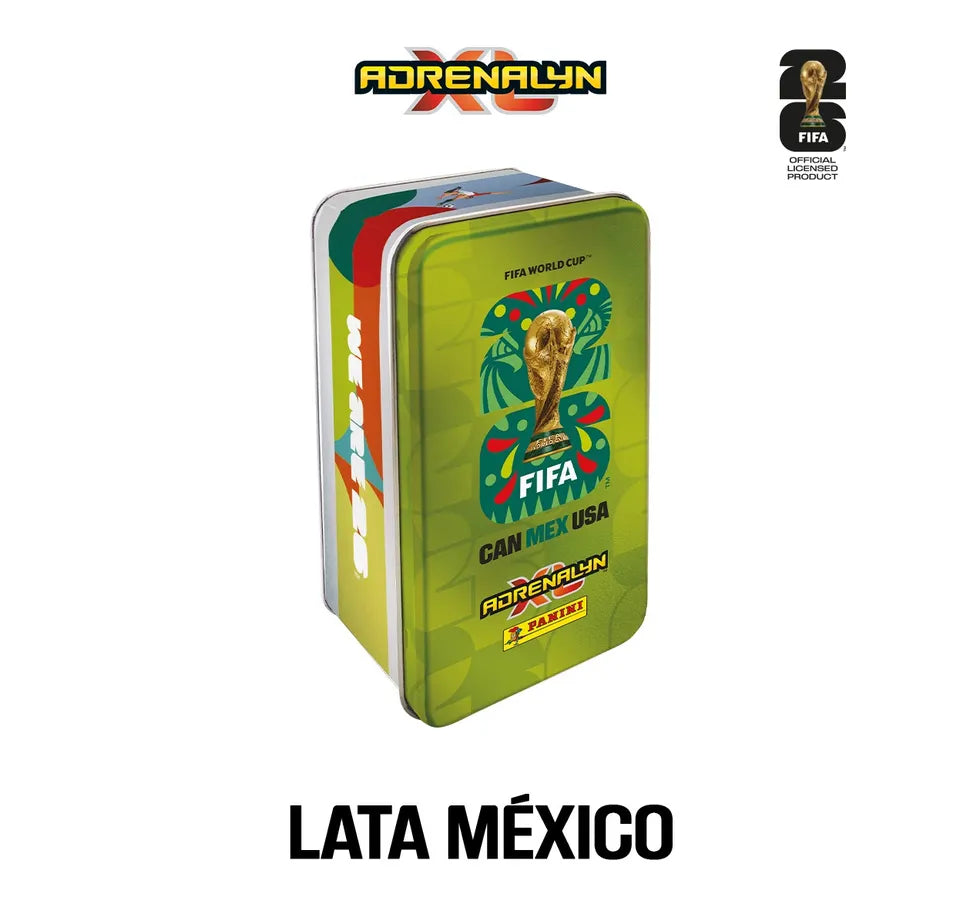 Lata de metal verde FIFA World Cup 2026 Adrenalyn XL Panini edição México com design oficial da Copa do Mundo 2026.